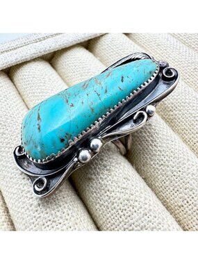 Native American Calvin Tom Turquoise Sterling Silver Ring Adjustable Size 8